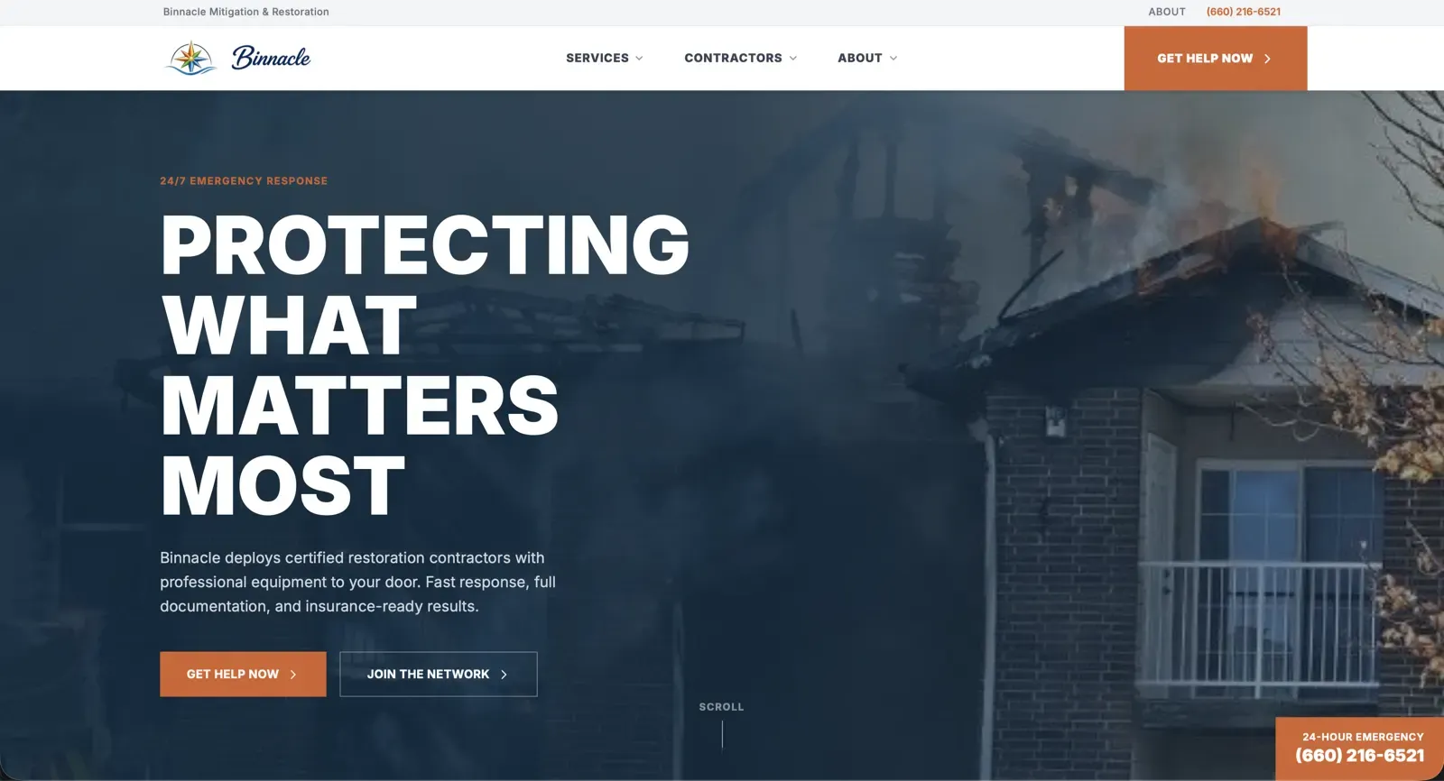 Binnacle Mitigation homepage on a desktop