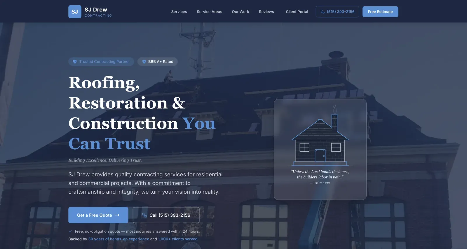 SJ Drew Contracting homepage on a desktop